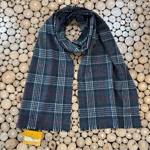 Hickey Freeman Mens 100% Cashmere Scarf Black Gray Red Plaid Check NWT $125